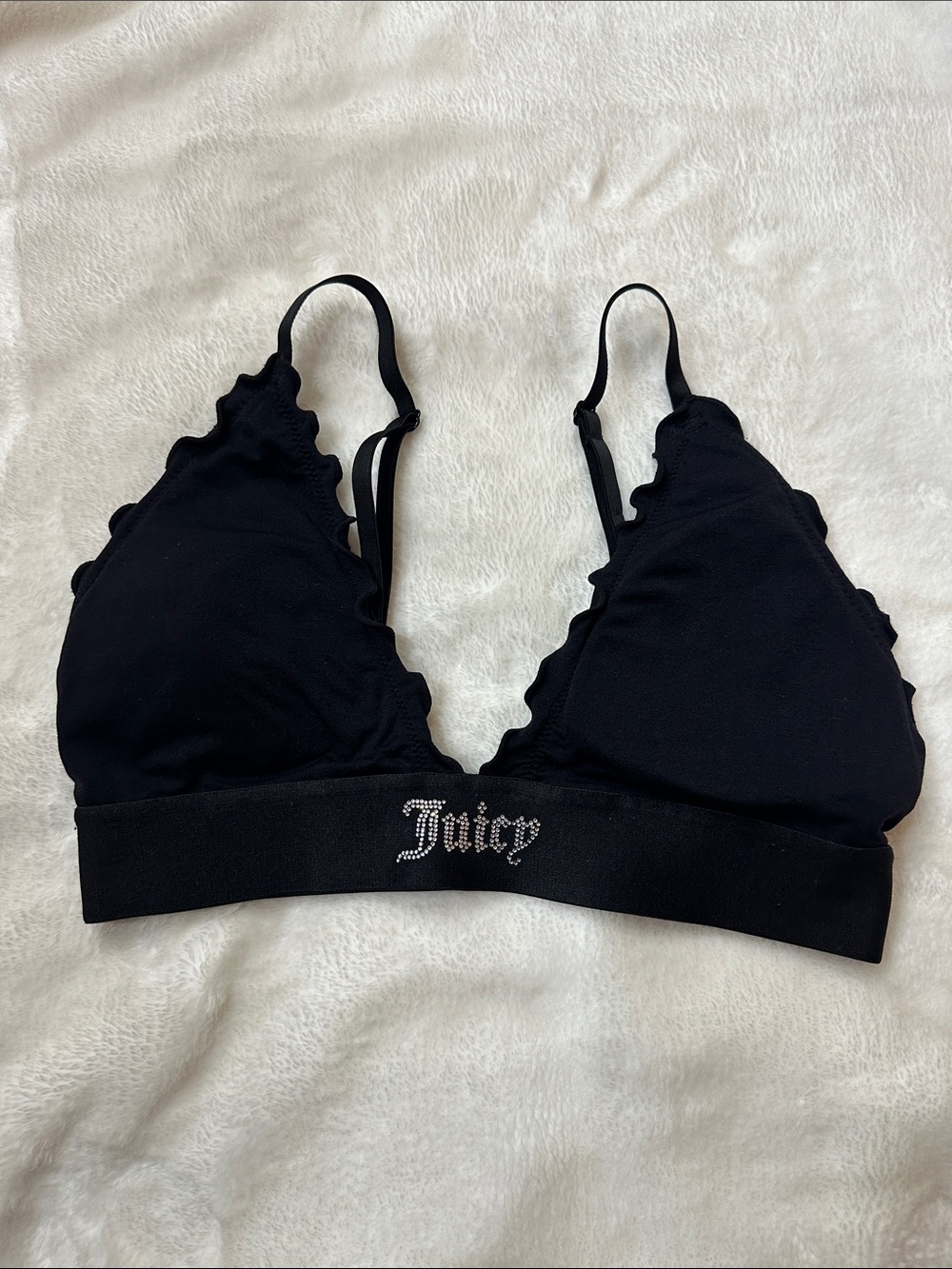 JUICY COUTURE Black Rhinestone Logo Triangle Bralette with Scalloped Edges Sz L